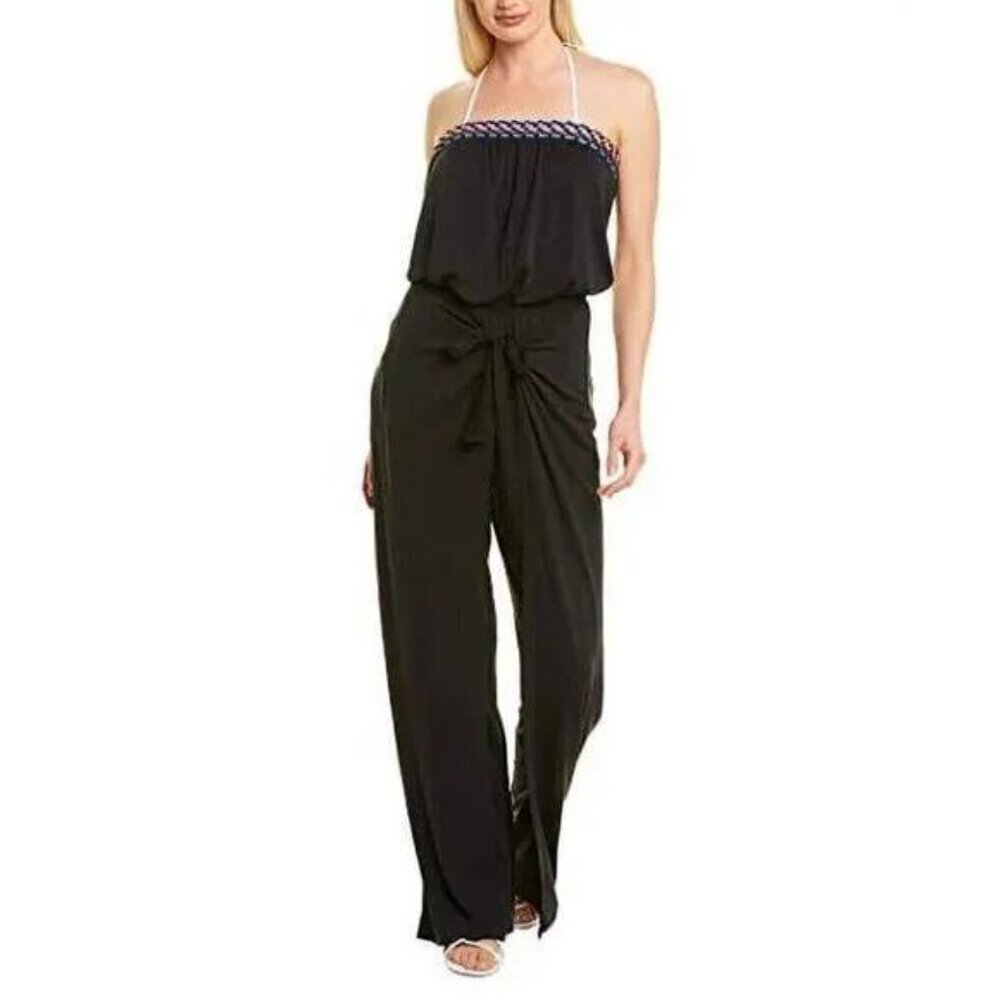 LA BLANCA Swim Black Jumpsuit Coverup Tie Front L